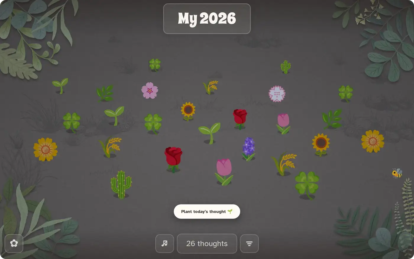 The garden: flowers scattered on soft grey ground inside a frame of painted leaves, with a bee crossing the middle