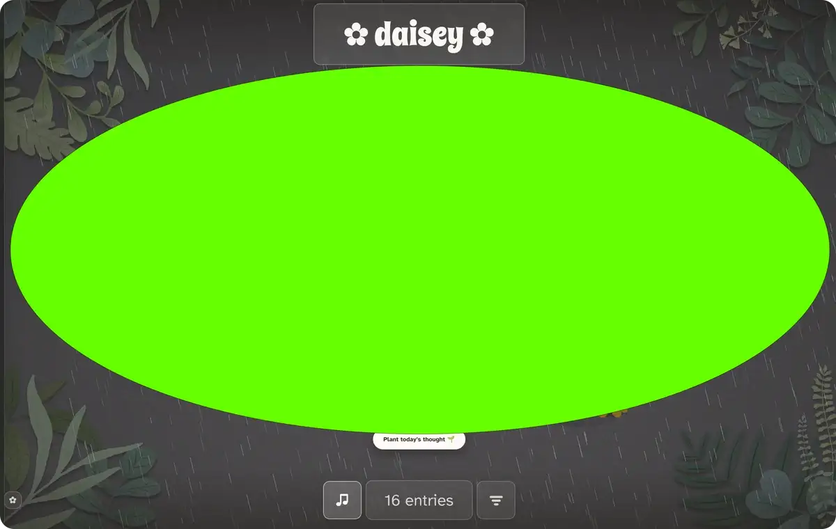 A hand sketch: a green oval drawn over a screenshot of the garden, running nearly the full width between the title and the button