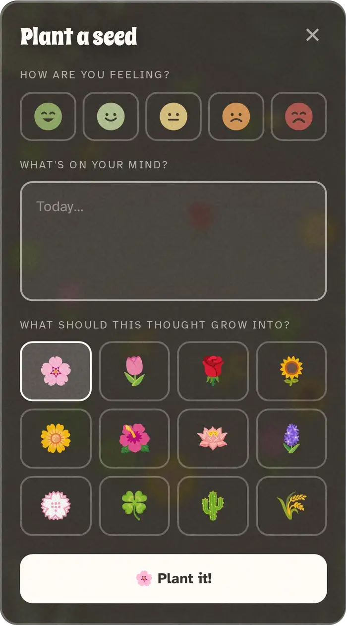 The plant sheet as it ships: five coloured faces, a box to write in, twelve flowers, and a Plant it button