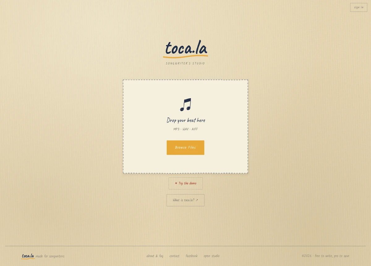 The toca.la landing screen: drop your beat here