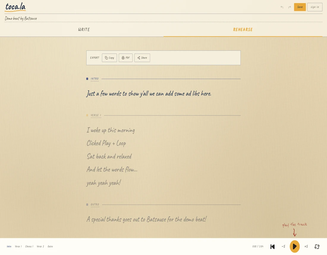 Rehearse mode: a clean lyric sheet with copy, PDF and share
